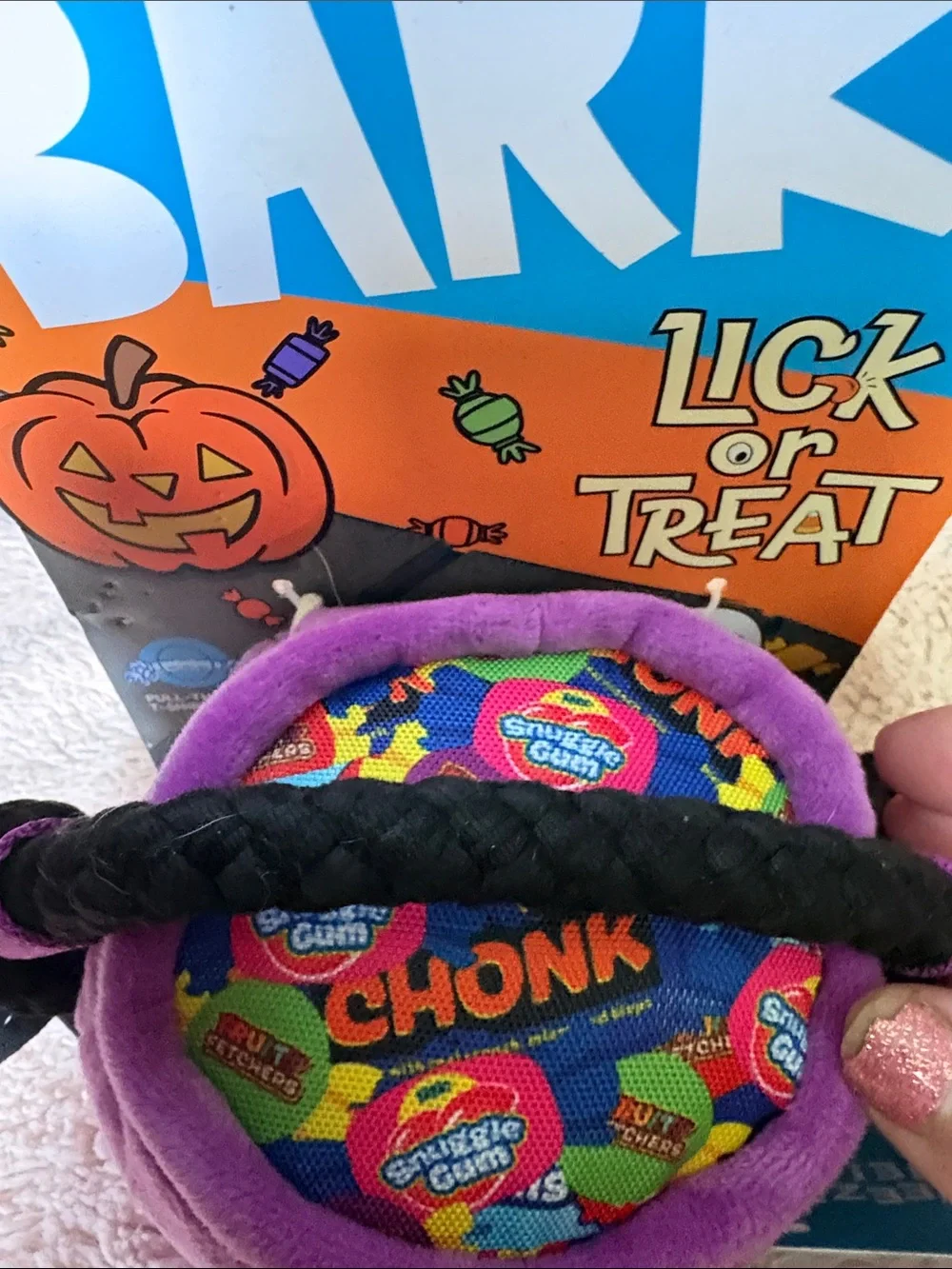 BARK Purple Plush Jack-O'-Lantern Squeaker Treat Bag with Black Handle